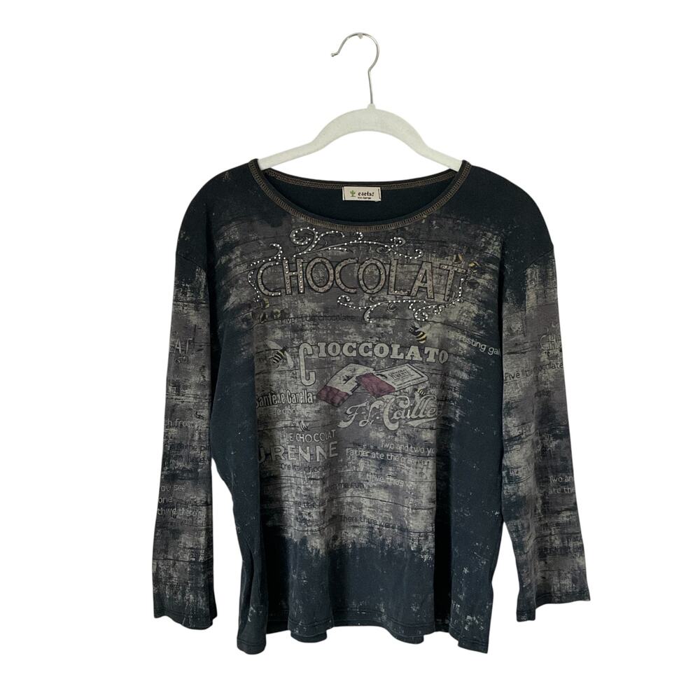 Cactus Chocolate Graphic Print Blouse: Y2K, 2000s